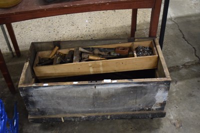 Lot 1039 - Large wooden toolbox on casters, together with...