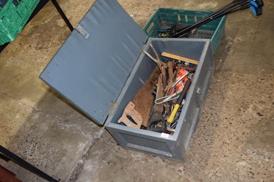 Lot 1040 - Heavy duty wooden toolbox including tools,...