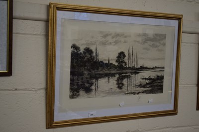 Lot 295 - Monochrome engraving, river scene, gilt f/g