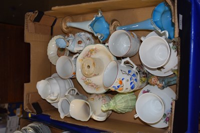 Lot 573 - Box of mixed tea wares, blue glass stem vases etc