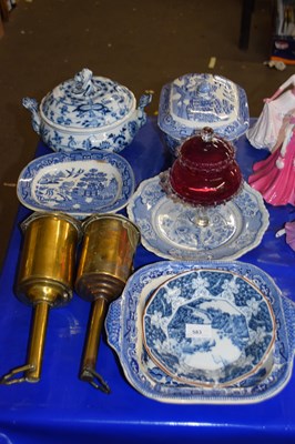 Lot 583 - Blue and white table wares, two brass spit...