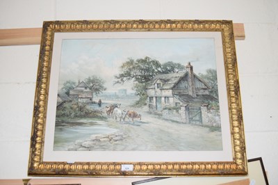 Lot 721 - COLOURED PRINT, VILLAGE SCENE WITH CATTLE,...