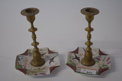 Lot 422 - Small pair of brass candlesticks with quatre...