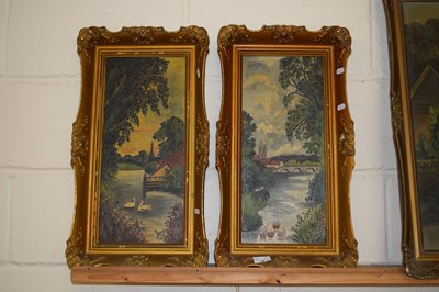 Lot 24 - J Morris, pair of studies of river scenes, oil...