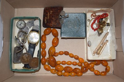 Lot 122 - Box of various wristwatches, faux amber beads...