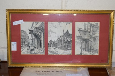 Lot 211 - A framed group of three monochrome prints of...