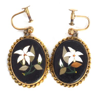 Lot 201 - Pair of antique pietra dura earrings, the oval...