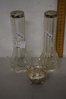 Lot 62 - A pair of clear glass stem vases with silver...