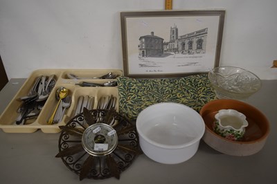 Lot 115 - Metal cased barometer, tray of assorted...