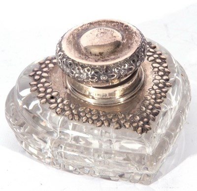 Lot 23 - Cut glass heart shaped inkwell, the top with...