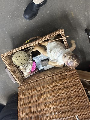 Lot 703 - Wicker hamper containing brass chestnut...