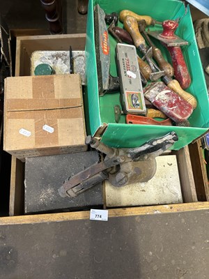 Lot 774 - One box of assorted tools, brass blow lamp etc