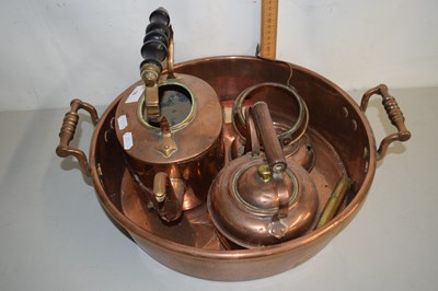 Lot 15 - Copper double handled pan plus two kettles