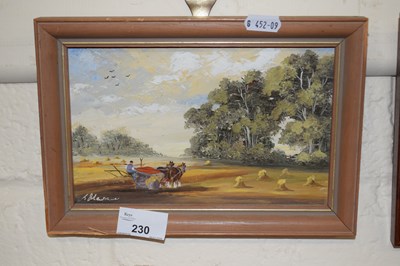 Lot 230 - Small oil on board study of a harvest scene...