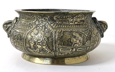 Lot 259 - A Chinese brass bowl with Chinoiserie designs,...