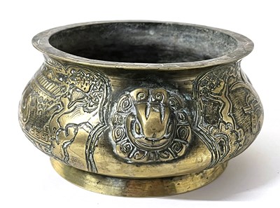 Lot 259 - A Chinese brass bowl with Chinoiserie designs,...