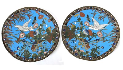 Lot 275 - A pair of Cloisonne chargers decorated with...