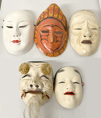 Lot 286 - Five Japanese lacquer and painted masks, 22cm...