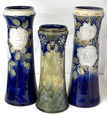 Lot 313 - Pair of Royal Doulton vases with tubelined...