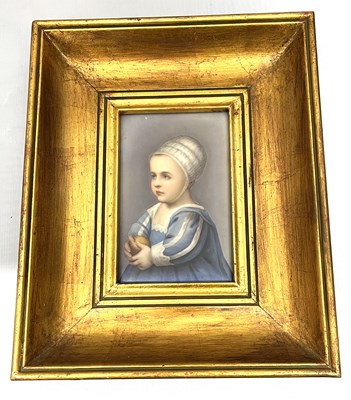 Lot 365 - A continental porcelain plaque of a young girl...