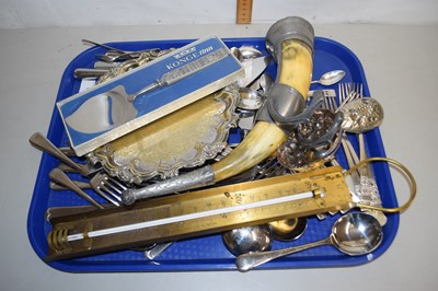 Lot 145 - Tray of various assorted cutlery, large brass...