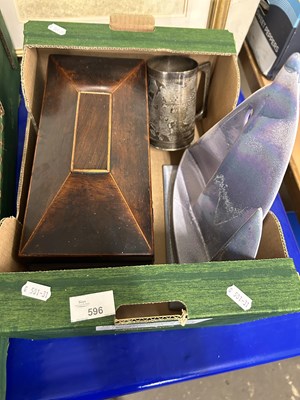 Lot 596 - Mahogany tea caddy, model of a boat and metal...