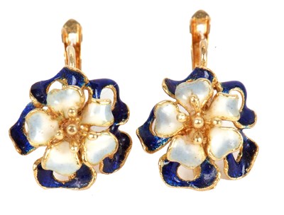 Lot 119 - A pair of 18ct enamel earrings, the central...