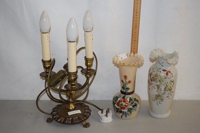 Lot 8 - A brass three branch table lamp together with...