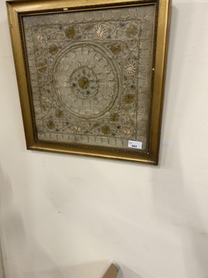 Lot 665 - A framed silk and gold threaded napkin or sampler