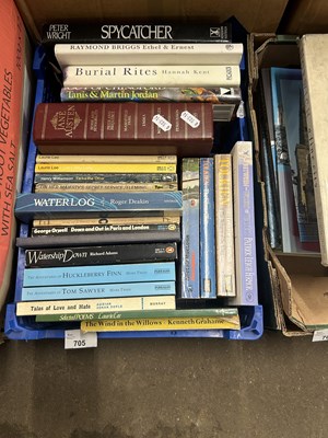 Lot 705 - Box of assorted books to include Tolkien &...