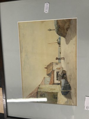 Lot 798 - Watercolour of a seaside town, framed and glazed