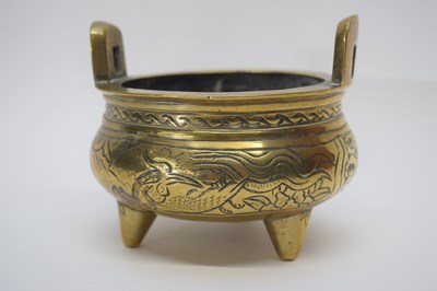 Lot 7 - Small Chinese brass censer on three stub feet,...