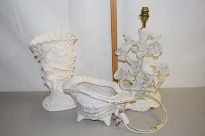 Lot 8 - A porcelain based table lamp, a shell formed...