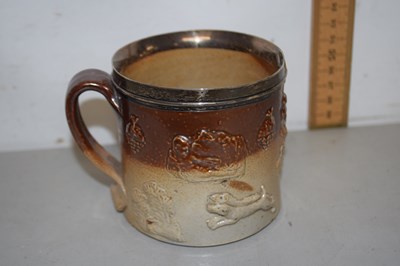 Lot 44 - 19th Century stone ware harvest mug with metal...