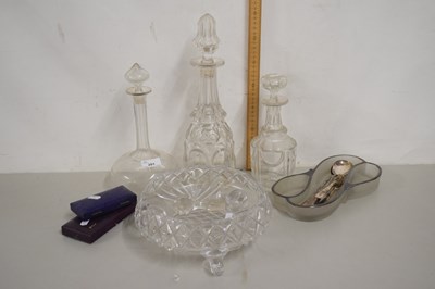 Lot 201 - Three decanters, glass bowl, salad servers and...