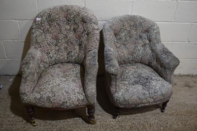 Lot 318 - Two Victorian button back armchairs with faded...