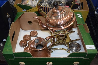 Lot 606 - Copper kettle on stand and miniature moulds