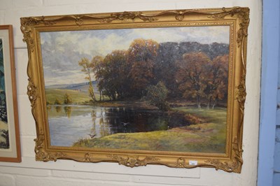 Lot 690 - Sam Garratt - Study of a lakeside scene, oil...