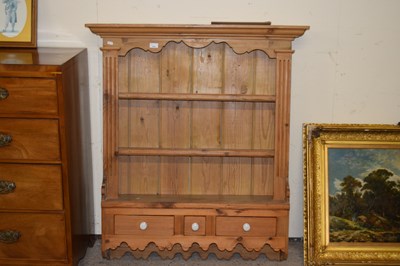 Lot 375 - A pine wall shelf with three drawers to base