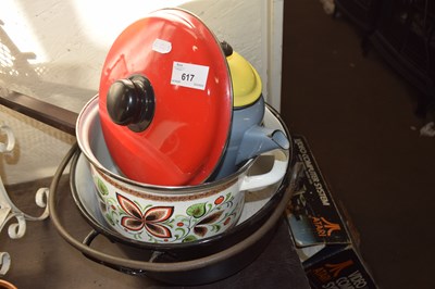 Lot 617 - Mixed Lot: Vintage enamel kitchen pans, teapot...