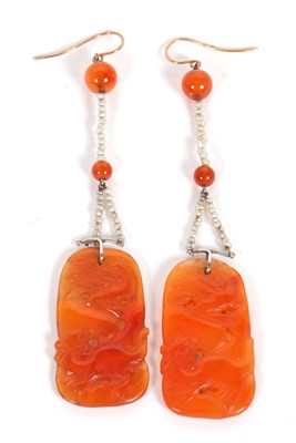 Lot 78 - A pair of carnelian and pearl earrings, the...