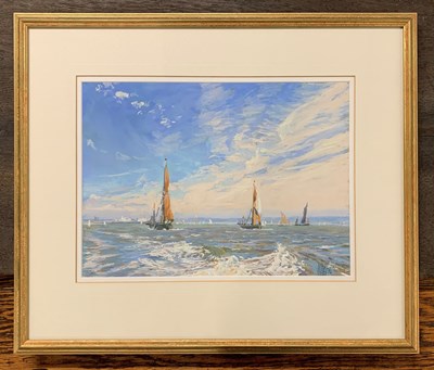 Lot 90 - Margaret Glass (b.1950), Seascape with sailing...