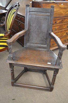 Lot 590 - 17th Century style oak armchair with panelled...