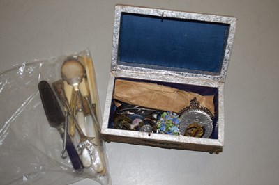 Lot 139 - Small box of various costume jewellery, badges,...