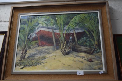 Lot 526 - Boat on a tropical shore, oil on canvas, framed