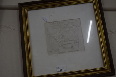 Lot 651 - A small framed sketch of a cat upon a suitcase