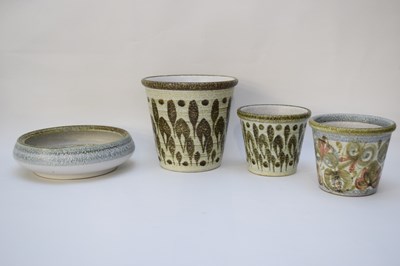 Lot 47 - Group of Denby flowerpots and small Denby bowl,...