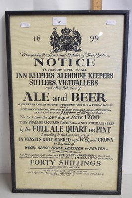 Lot 41 - A reproduction 1699 Notice to Innkeepers,...