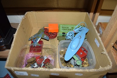 Lot 509 - BOX OF VARIOUS MECCANO PARTS, TOY AIRCRAFT ETC