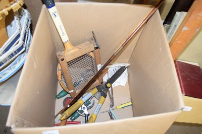 Lot 652 - BOX OF MIXED TOOLS, TENNIS RACKET ETC